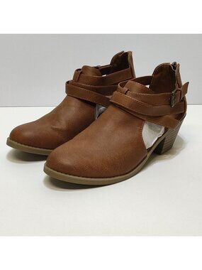 Faded Glory Cutout Ankle Booties Womens Size 4 Cognac Brown Low Block Heel Boots